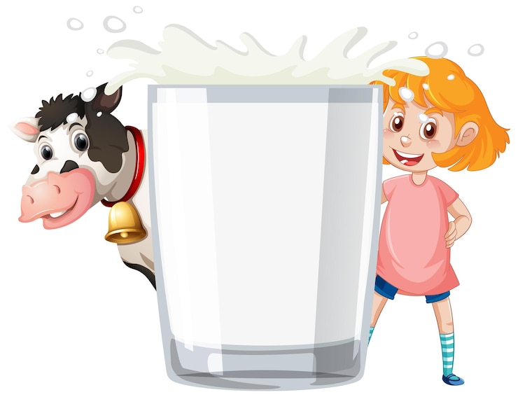 Gratis Vector een glas melk met stripfiguur