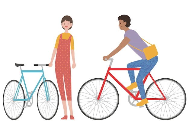 Gratis vector een jonge man en een vrouw met fietsen geïsoleerd op een witte achtergrond. platte vectorillustratie.