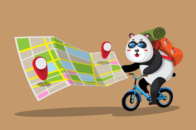 Een jonge panda-toerist rijdt op een fiets door de stad met behulp van kaarten en gps-navigatie om zijn bestemming te bereiken zonder te verdwalen platte vectorillustratie characterdesign