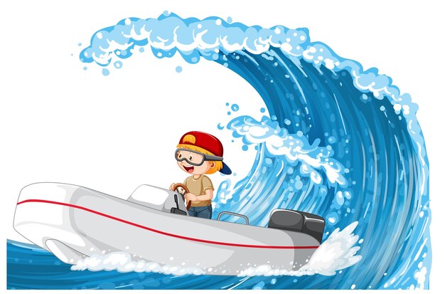 Een jongen die een boot drijft op een watergolf