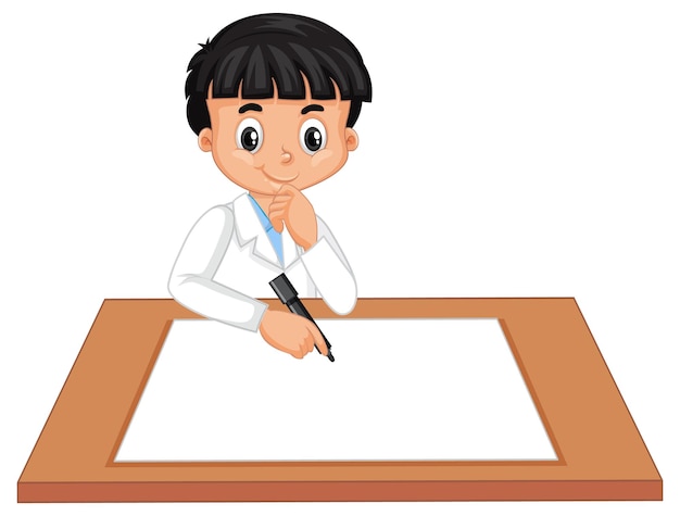 Een jongen die een wetenschapperstoga draagt met leeg papier op tafel