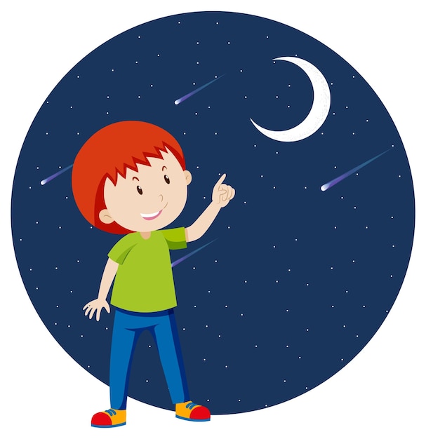 Een jongen die met de vinger naar de maan wijst