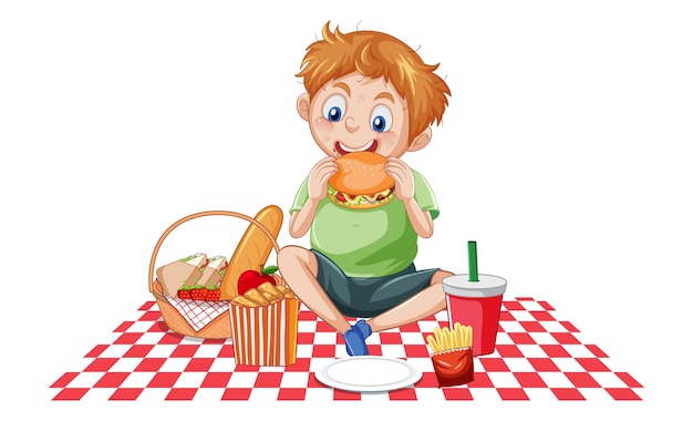 Gratis vector een jongen eet graag fastfood