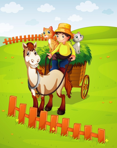 Gratis vector een jongen rijdt op een paardenkar met katten op de weide