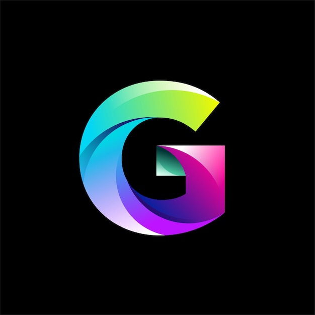 Een kleurrijke letter g met een zwarte achtergrond.