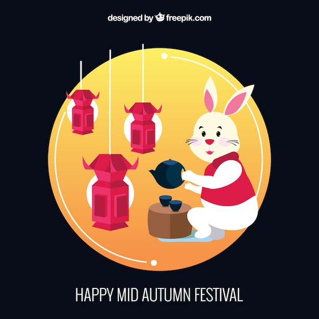 Een konijn die thee, mid-autumn festival serveert