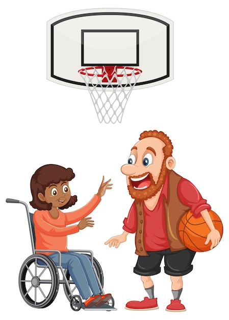 Gratis vector een man die basketbal speelt met een uitgeschakeld meisje in een rolstoel