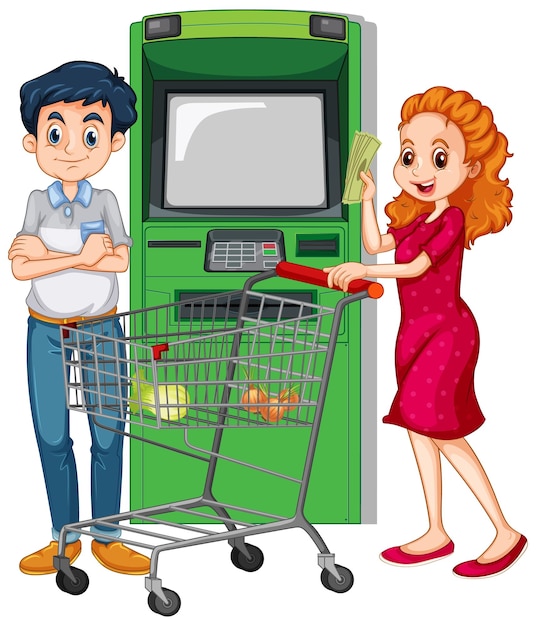 Gratis vector een man die geld opneemt van een geldautomaat en zijn vrouw