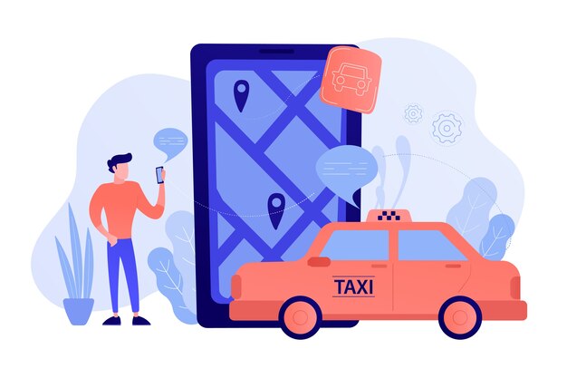 Een man in de buurt van een enorme smartphone met stadsplattegrond en gps-tags op het scherm belt een taxi. Navigatie-apps, slim openbaar vervoer, IoT en smart city-concept. Vector illustratie