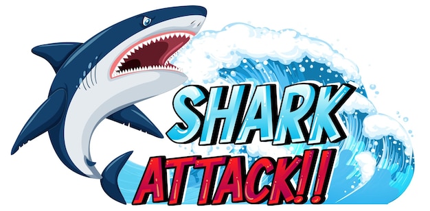 Gratis vector een marine-logo met grote blauwe haai en shark-aanvaltekst