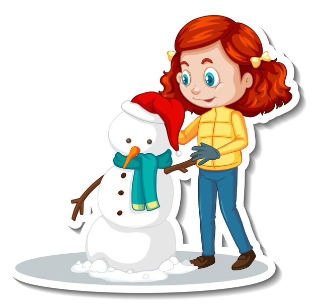 Een meisje bouwt een sneeuwpop stripfiguur sticker