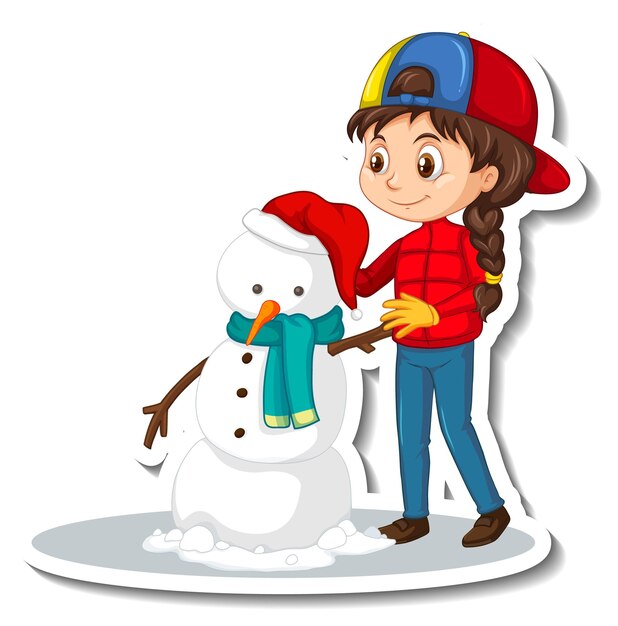 Gratis vector een meisje bouwt een sneeuwpop stripfiguur sticker