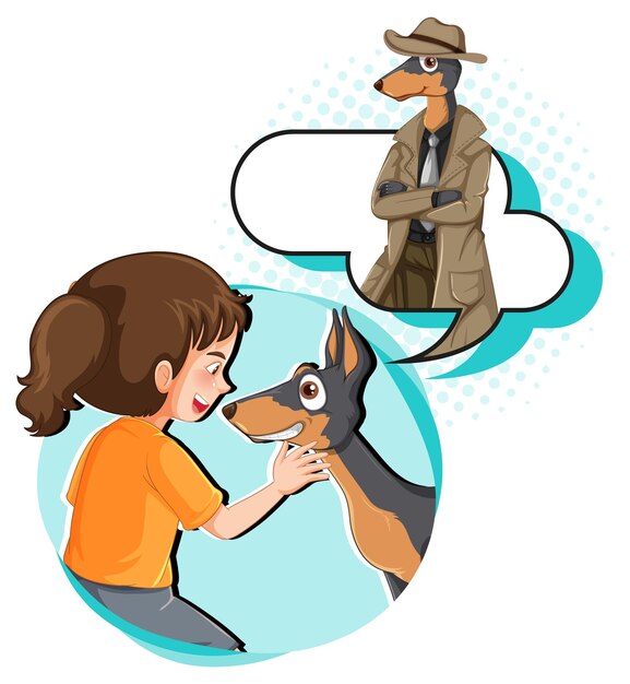 Een meisje speelt met een hond met een callout