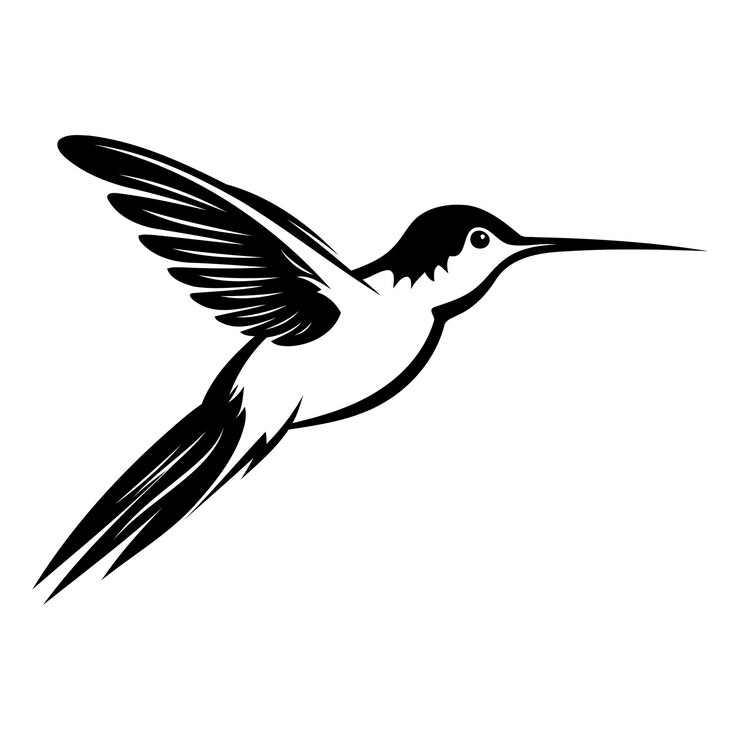Een minimalistisch zwart-wit silhouet van een kolibrie in vlucht