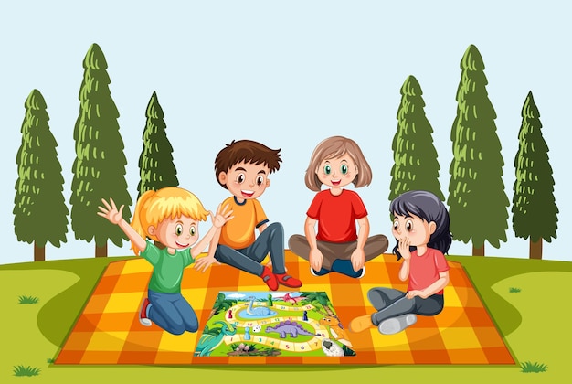 Een natuurlijk landschap met kinderen die bordspel spelen