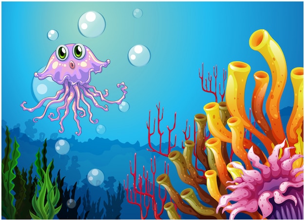 Gratis vector een octopus en de koraalriffen onder de zee