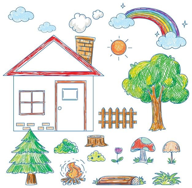 Een papier met een doodle ontwerp van het huis en de boom met kleur