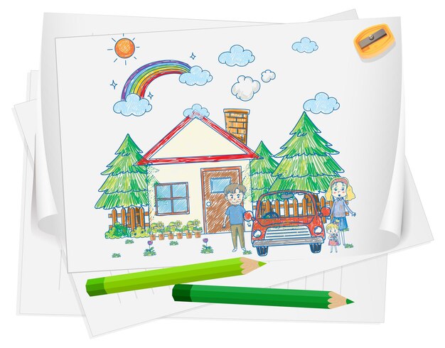 Een papier met een doodle schetsontwerp met kleur en kleurpotlood