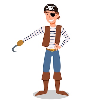 Een piratenfiguur in een pak in een bandana zonder hand en met een ooglapje.