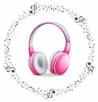 Gratis vector een roze hoofdtelefoon met muzieknoten op witte achtergrond