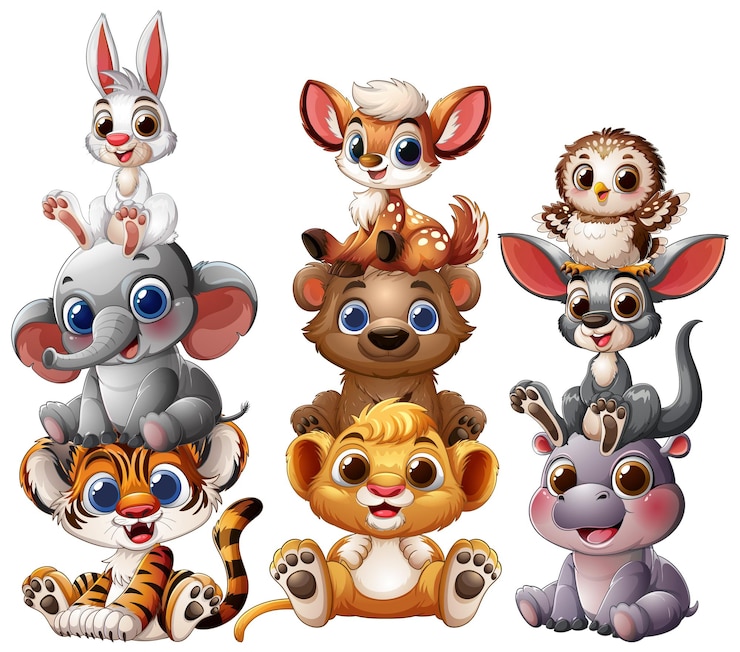 Gratis Vector een schattige dierenhoop met schattige uitdrukkingen.