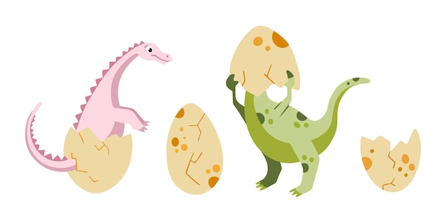 Een schattige dinosaurus die uit eieren komt pasgeboren schattige dinosaurussen set