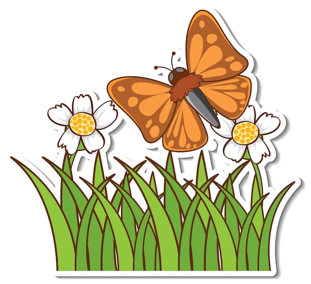 Gratis vector een schattige vlinder die boven het grasveld vliegt sticker