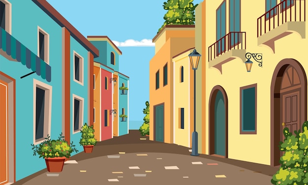 Een schilderachtige illustratie van een Europese straatscene
