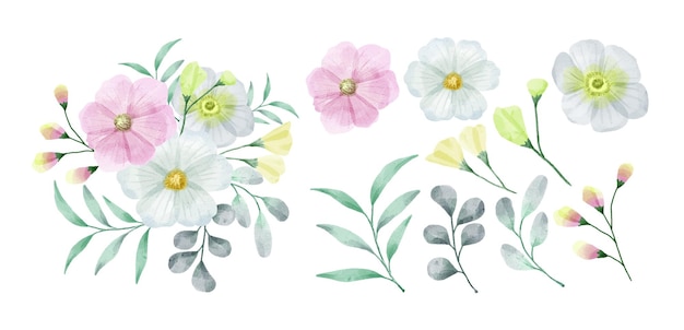 Een set bloemen beschilderd met aquarellen