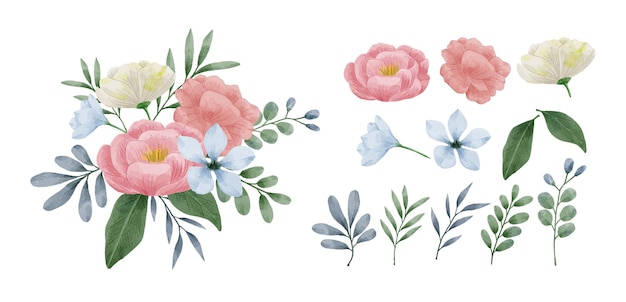 Een set bloemen beschilderd met aquarellen