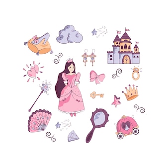 Een set fantastische elementen voor een klein meisje. prinses, koets, kasteel, toverstaf, pantoffel, spiegel, wolk. vectorillustratie in vlakke stijl voor babyontwerp