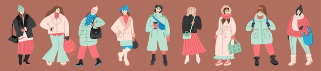 Een set platte illustraties van vrouwen in alledaagse winter- en herfstkleding en schoenen.