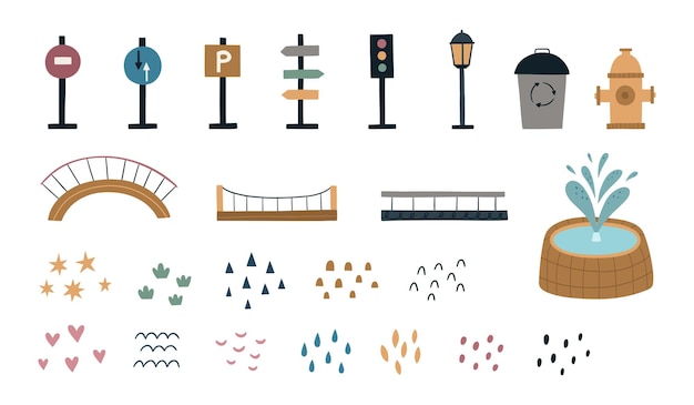 Een set stadselementen voor het maken van een kaart handgetekende verkeersborden verkeerslichtlantaarn