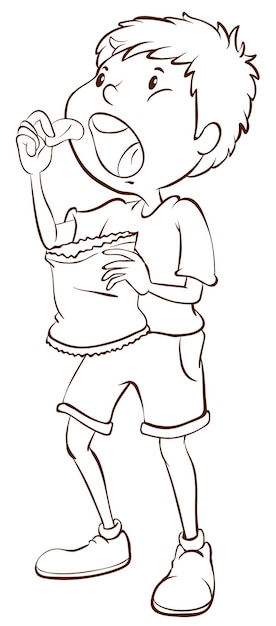 Een simpele schets van een jongen die aan het eten is