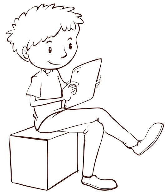 Een simpele schets van een jongen die een mobiel gebruikt