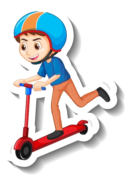 Een sticker met stripfiguur van een jongen die op een scooter rijdt