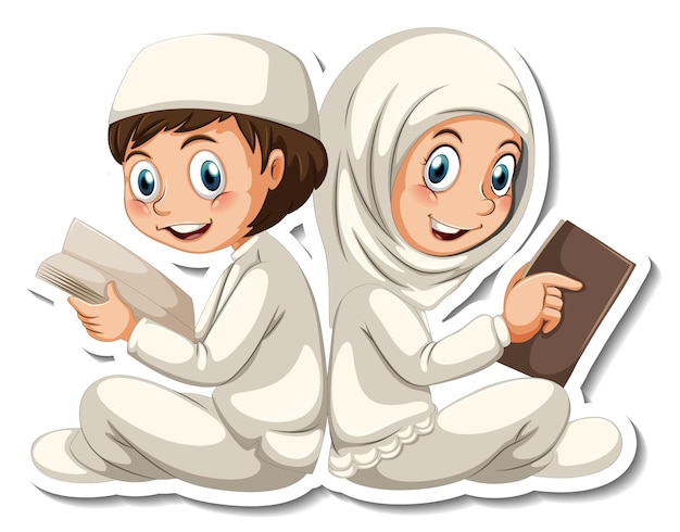 Gratis vector een stickersjabloon met een leesboek voor moslimjongens en -meisjes