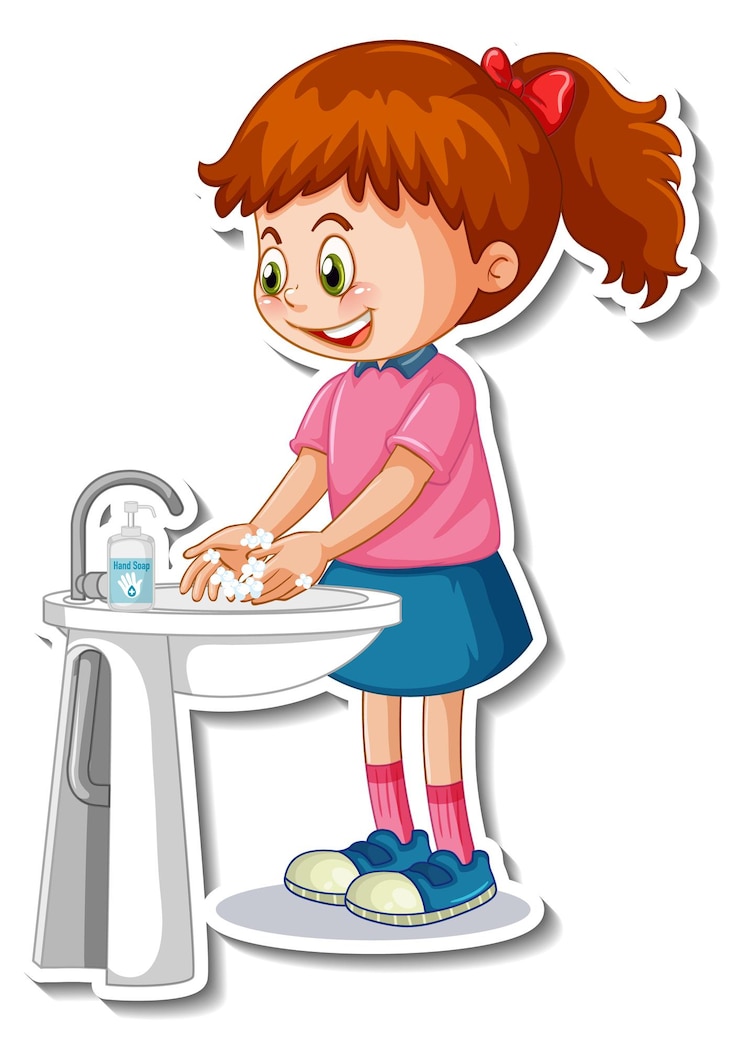 Gratis Vector een stickersjabloon met een meisje dat handen wast met zeep