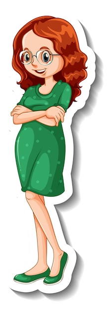 Gratis vector een stickersjabloon met een vrouw die een groene jurk draagt in staande houding