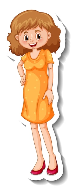 Gratis vector een stickersjabloon met een vrouw die gele jurk draagt in staande houding