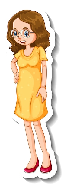Gratis vector een stickersjabloon met een vrouw die gele jurk draagt in staande houding
