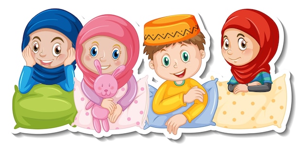 Gratis vector een stickersjabloon met moslimkinderen in pyjamakostuum