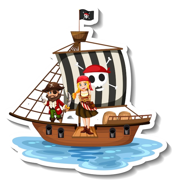 Een stickersjabloon met piraten op het schip geïsoleerd