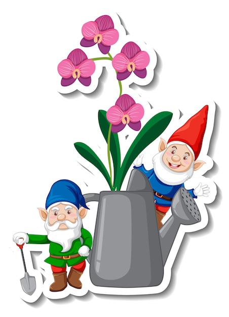 Een stickersjabloon met tuinkabouter en orchideeën in gieter