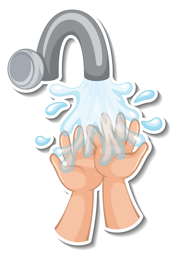Gratis Vector een stickersjabloon van handen met geïsoleerde waterkraan