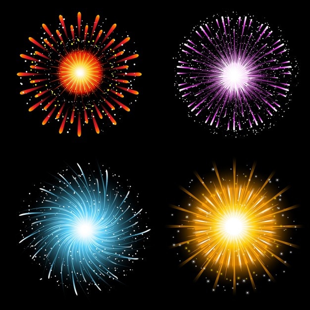 Gratis vector een verzameling van vier fel gekleurde vuurwerk explosies