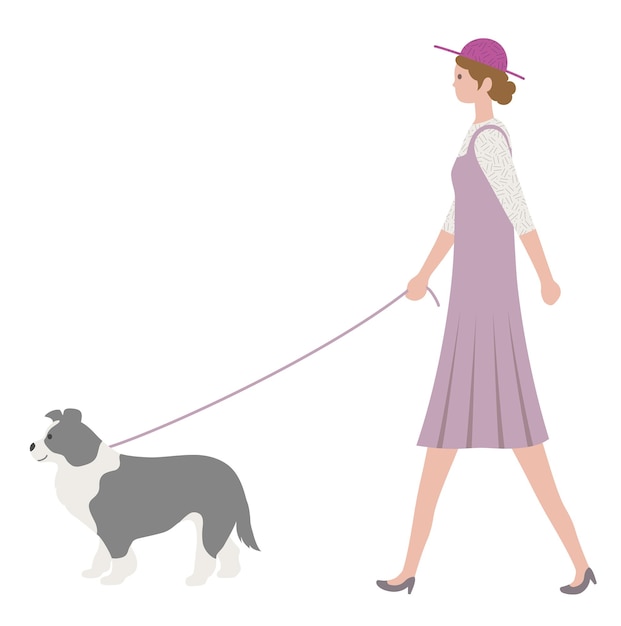 Gratis vector een vrouw die een hond lopen die op een witte achtergrond wordt geïsoleerd. vlakke stijl vectorillustratie.