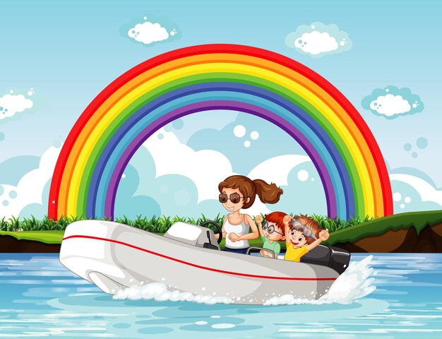 Een vrouw die een speedboot bestuurt met kinderen in de rivier