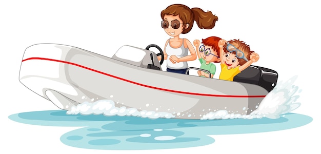 Gratis vector een vrouw die een speedboot bestuurt met kinderen