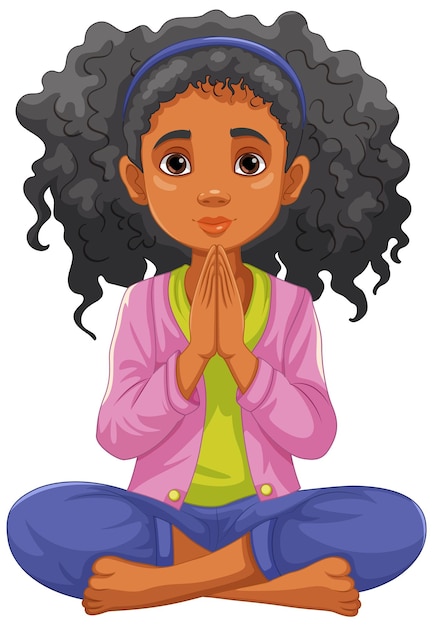 Een vrouw met krullend haar die met open ogen bidt en mediteert